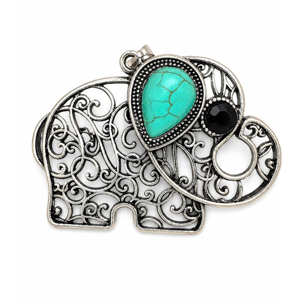 Vintage Silver Tone Elephant Brooch Turquoise Black Stone‎ Filigree Animal Pin